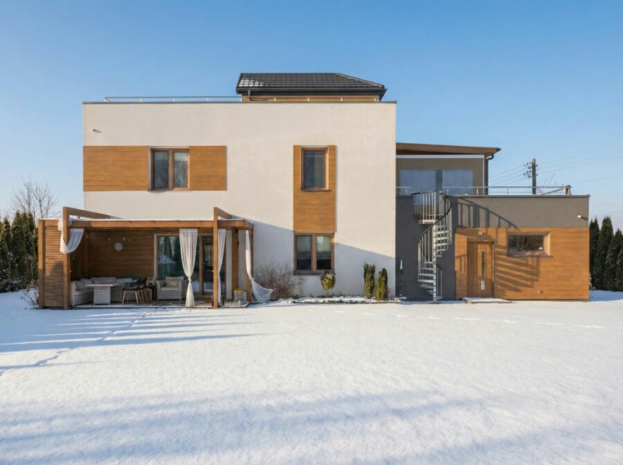 Warszawa, Wilanów Zawady, Płaski dach Pompa ciepła Fotowoltaika Zawady